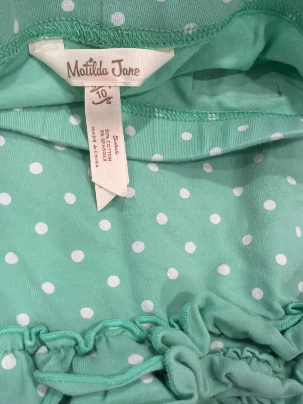 Matilda Jane Girls Ruffle Polka Dot Shorts Size 10 Green White Cotton Blend Comf